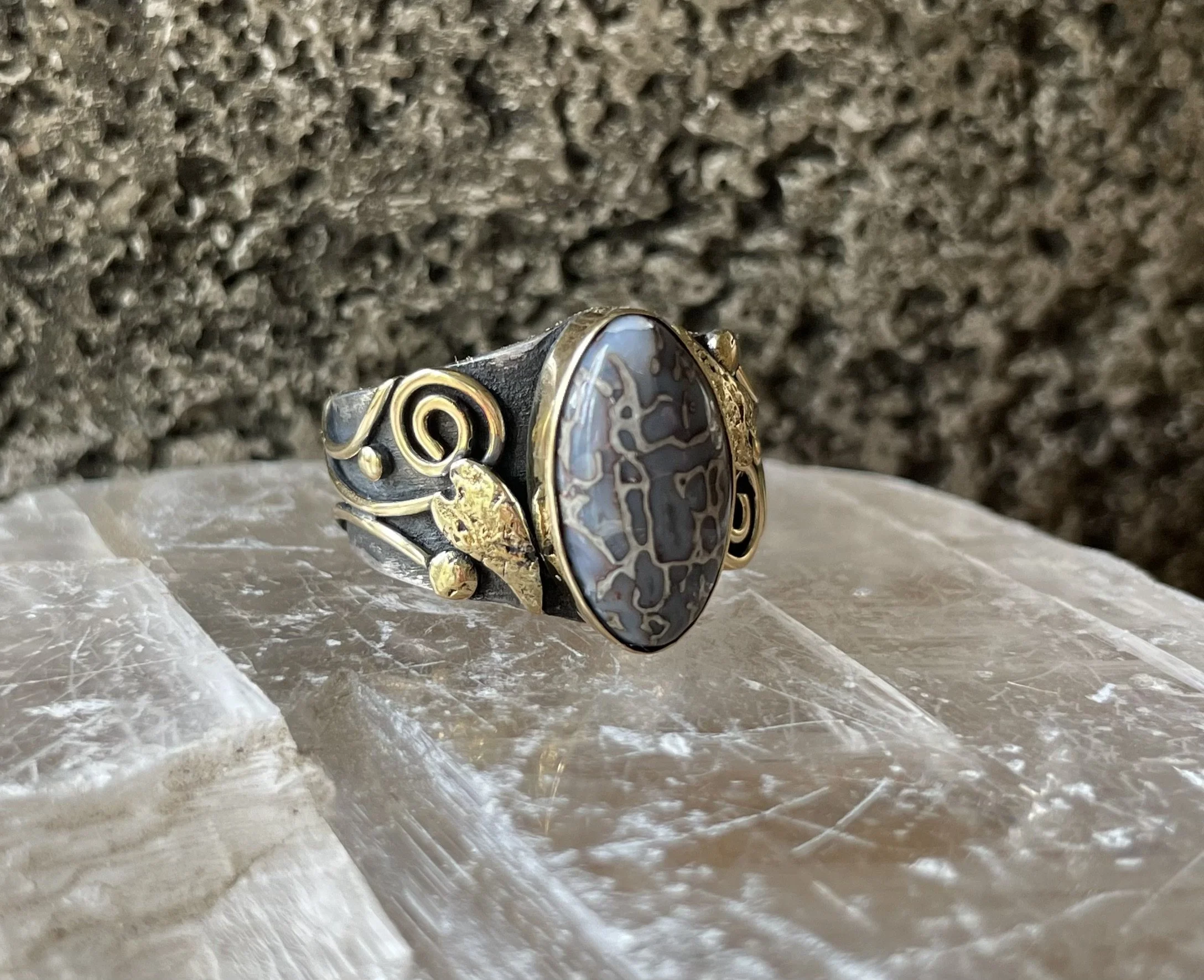 Dinosaur bone leaf and vine ring