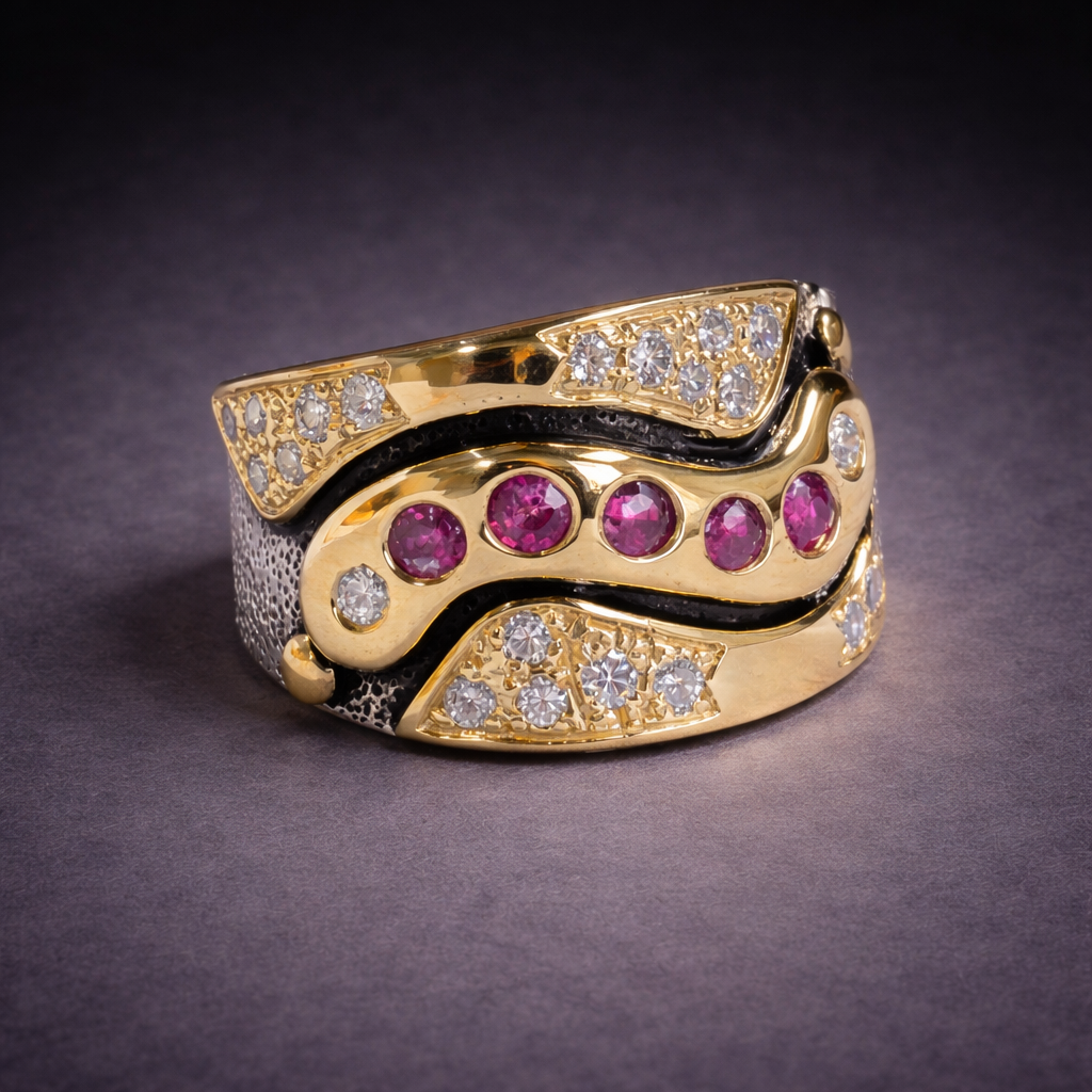 Custom diamond and ruby wave ring