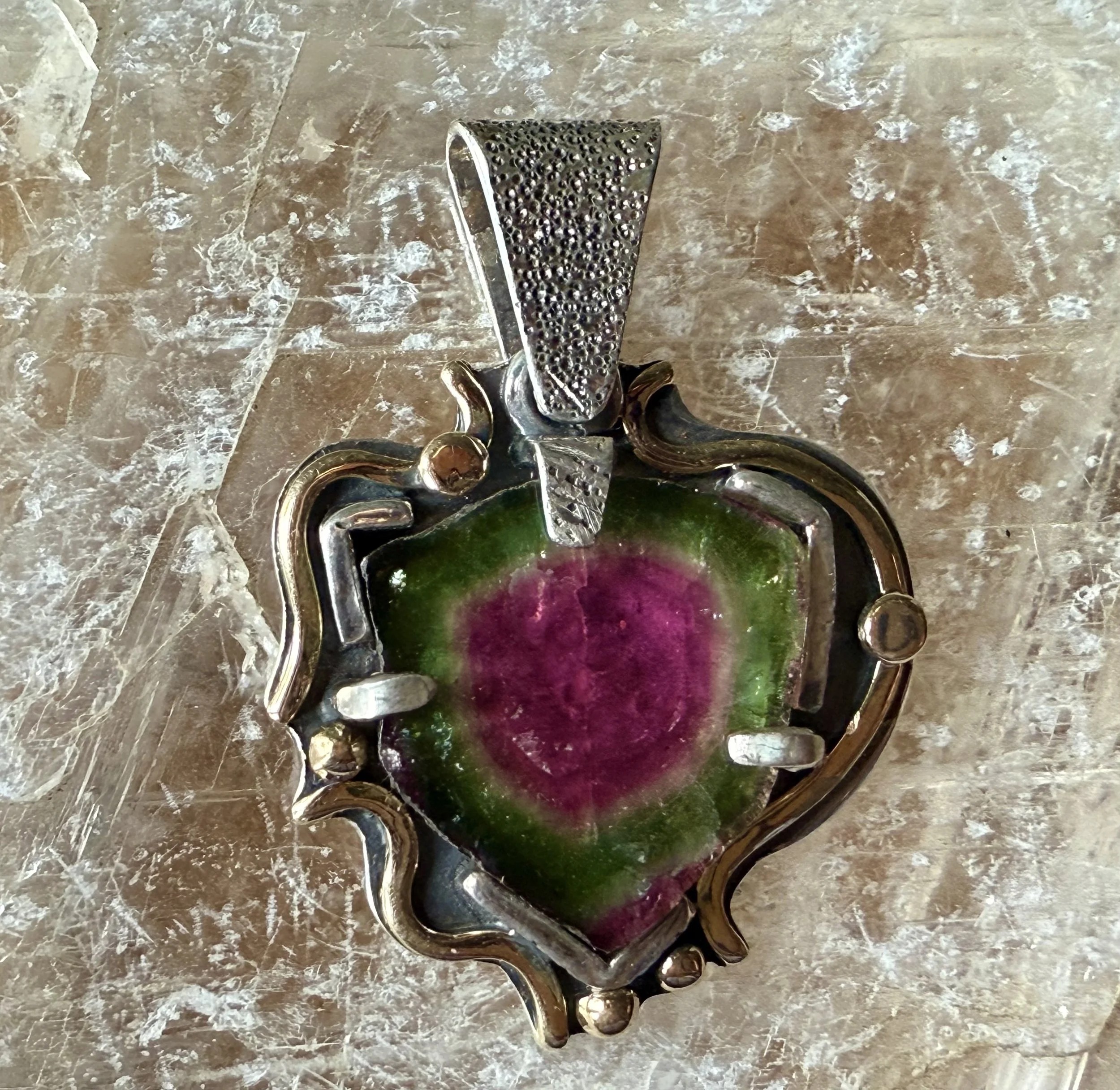 Watermelon Tourmaline mixed metal pendant