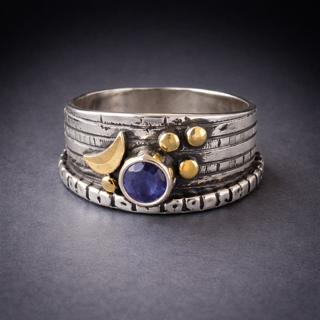 Mixed Metal Curved Pattern Ring - Tanzanite Round