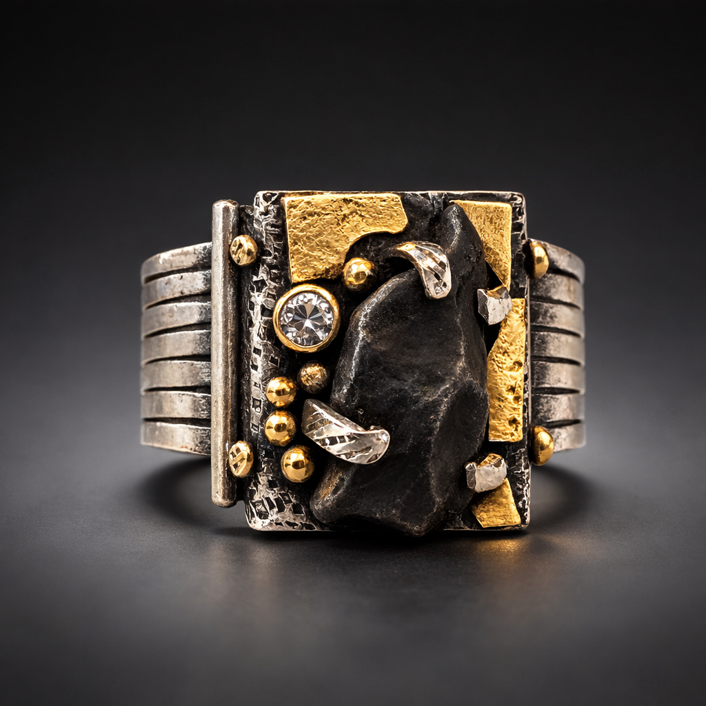 Space Elegance Ring - Meteorite and Diamond - I