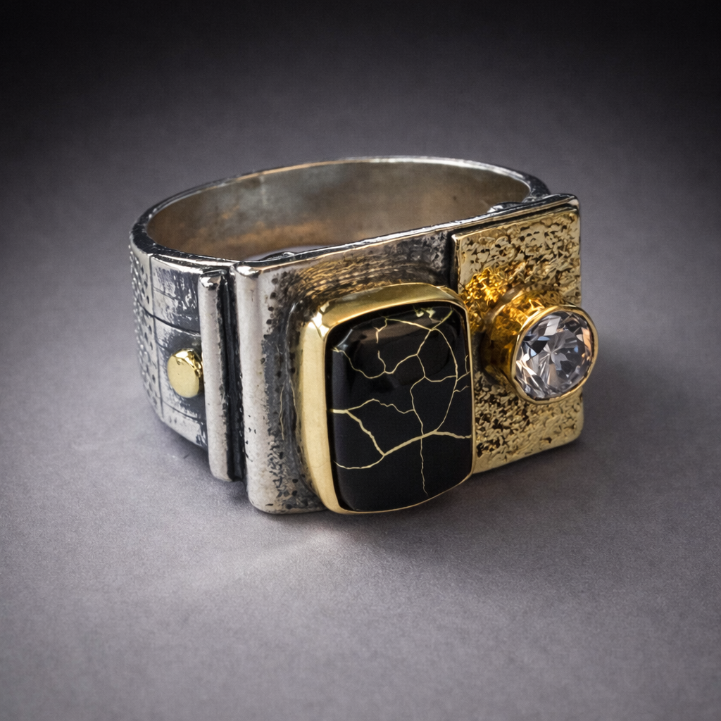 Black Quartz and Diamond Ring