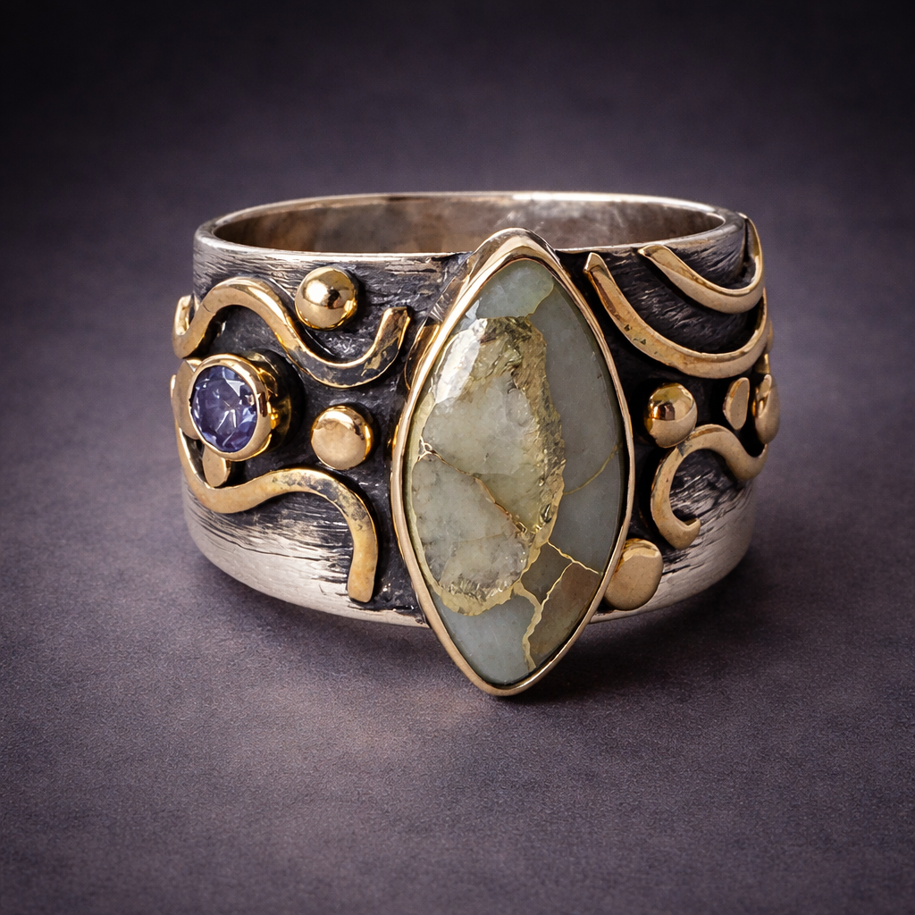 Gold in Quartz Marquis Ring with Tanzanite