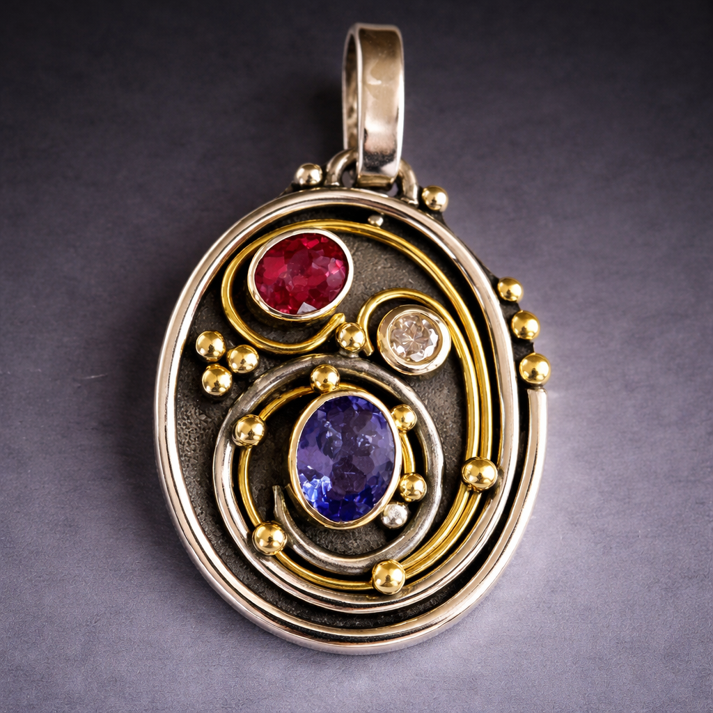 Mixed Metal Scroll Pendant - Tanzanite and Tourmaline