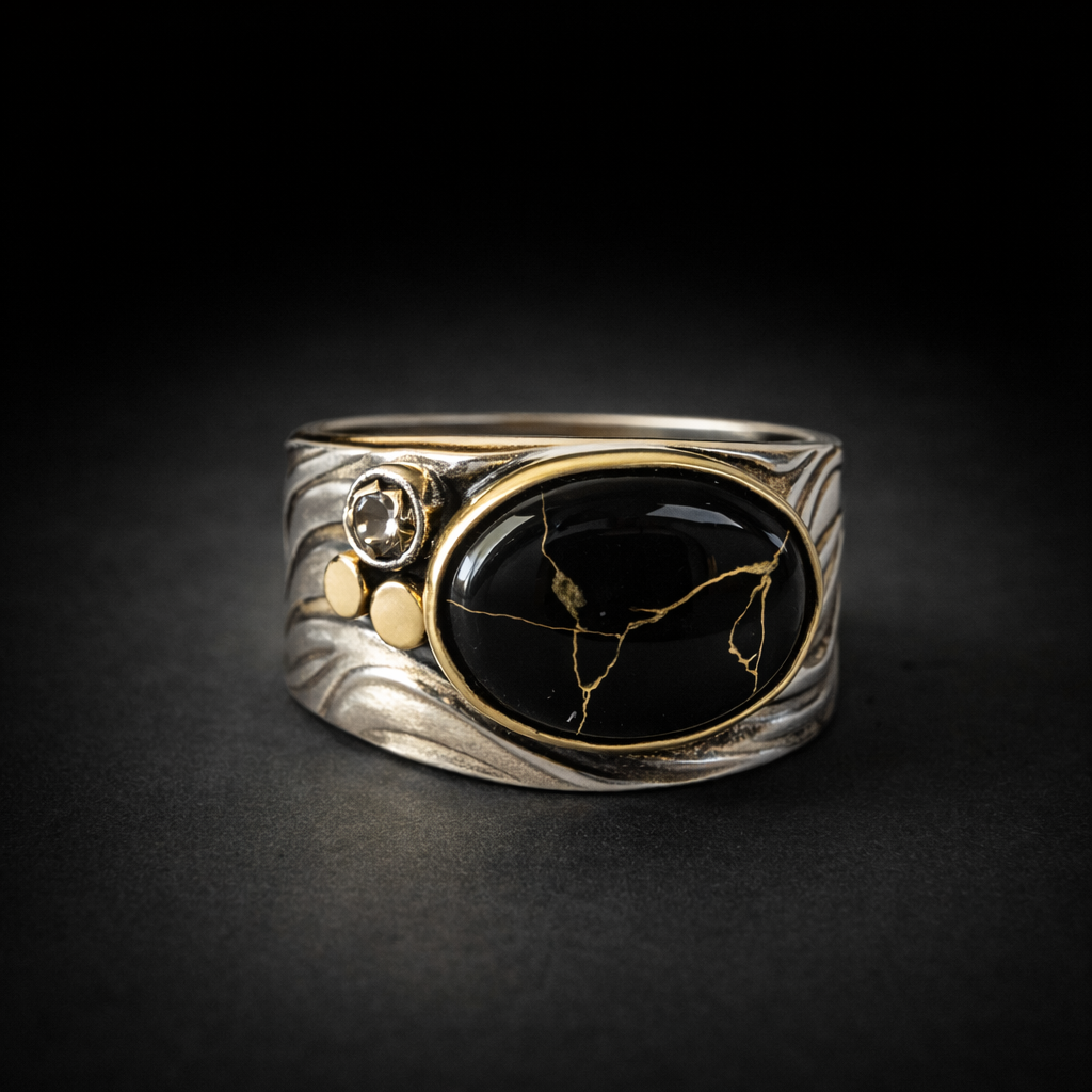 Black Gold in Quartz curved textured band