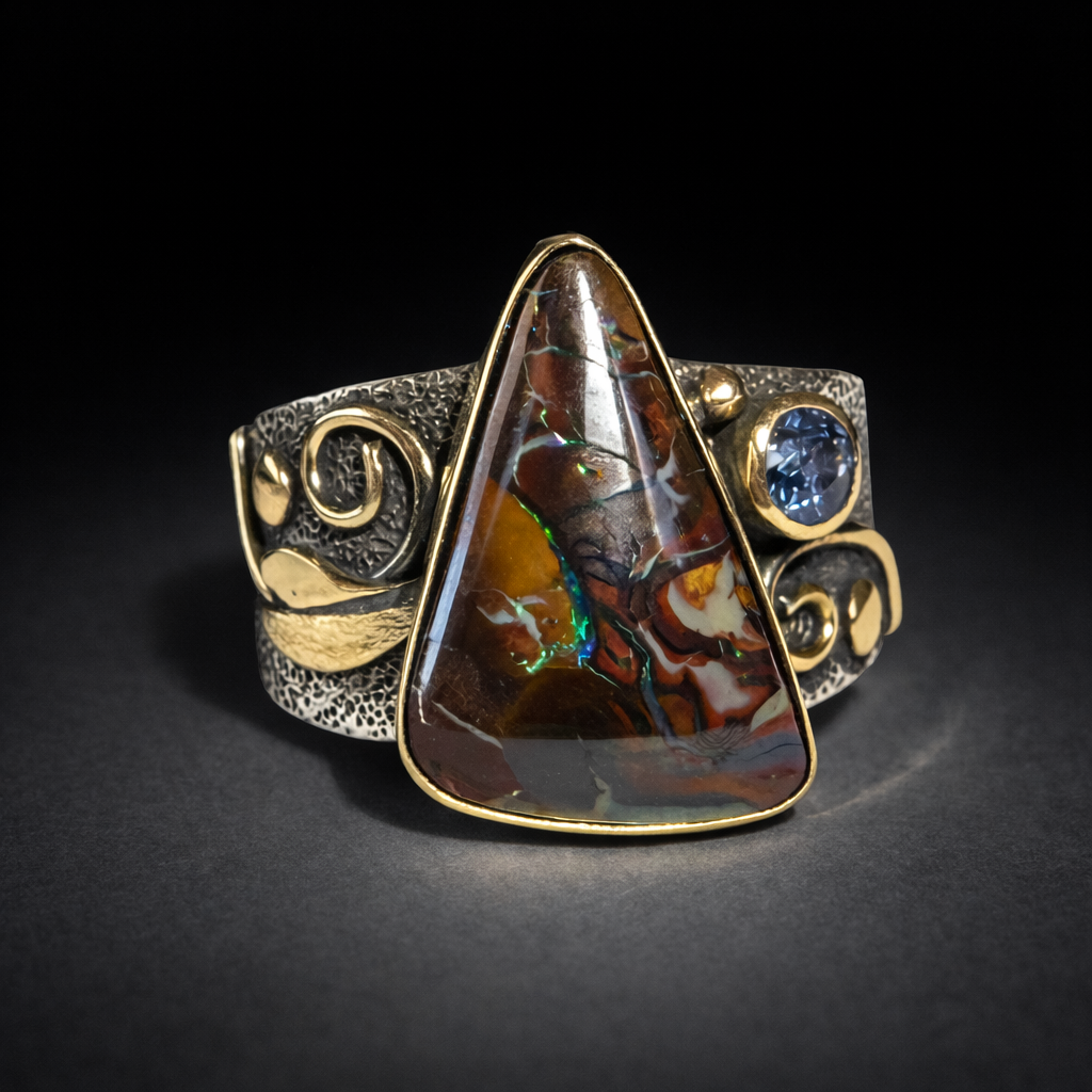 Australian boulder opal and tanzanite ring