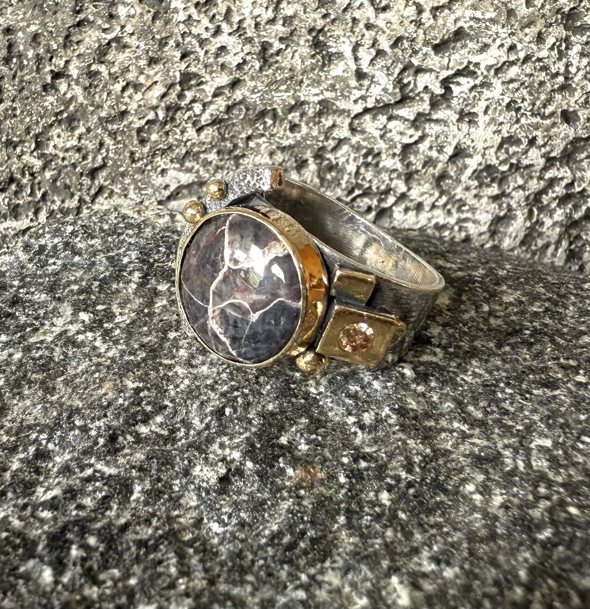 Back Quartz and Silver Euro Ring