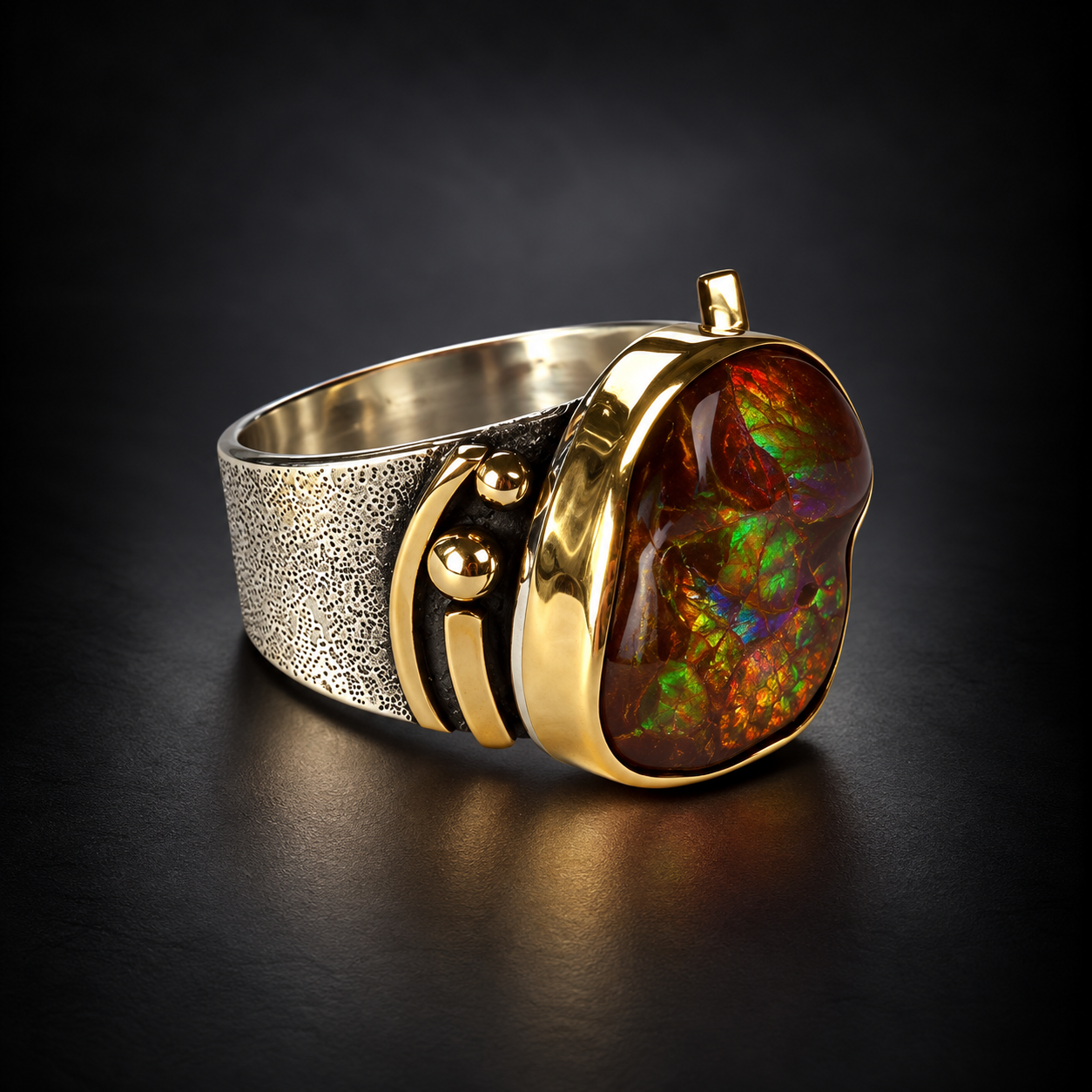 Ornate Ammolite Ring in Dramatic Studio Light.png