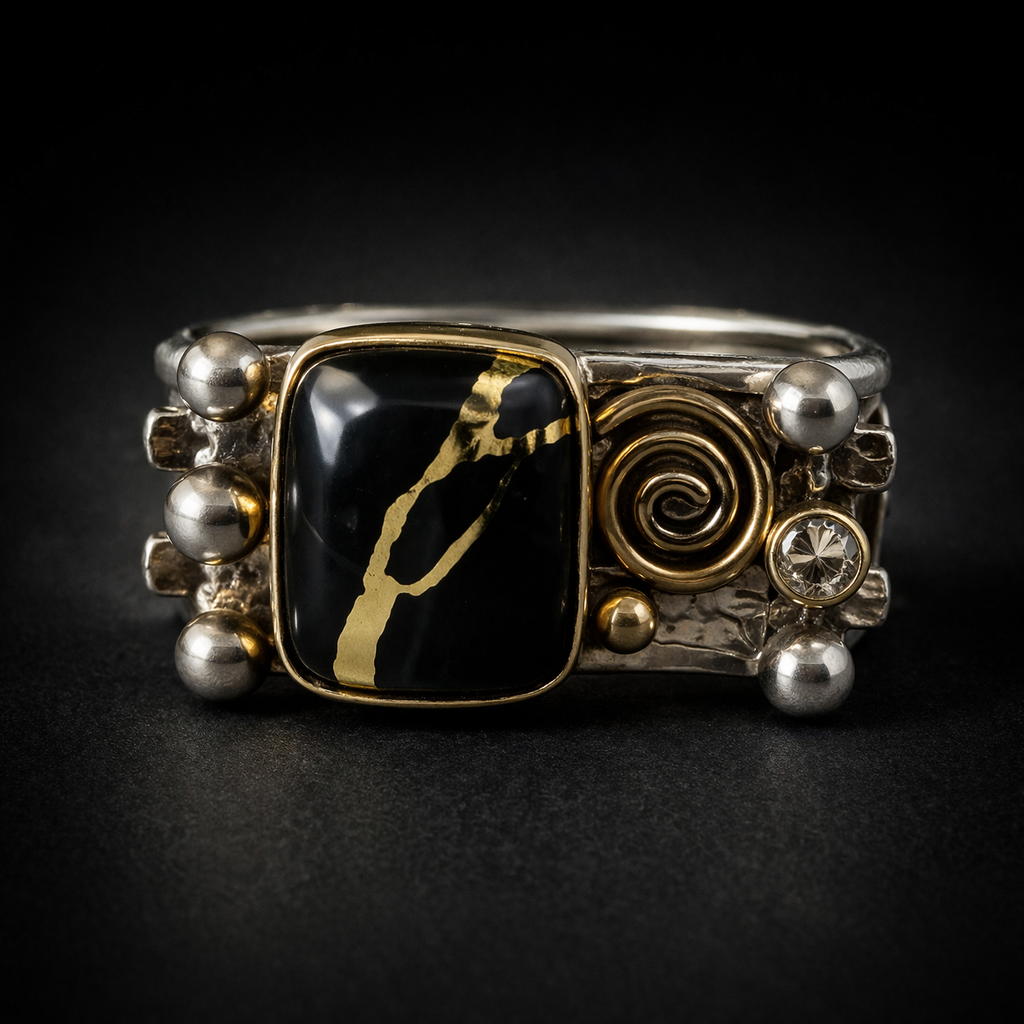 Flat top Ring - Gold in Black Quartz