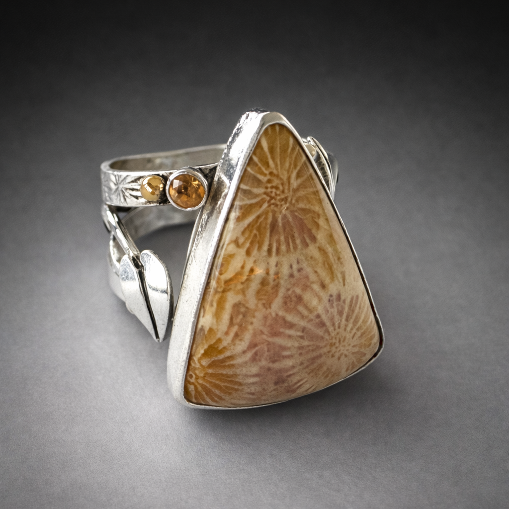 Fossil coral open band -yellow sapphire