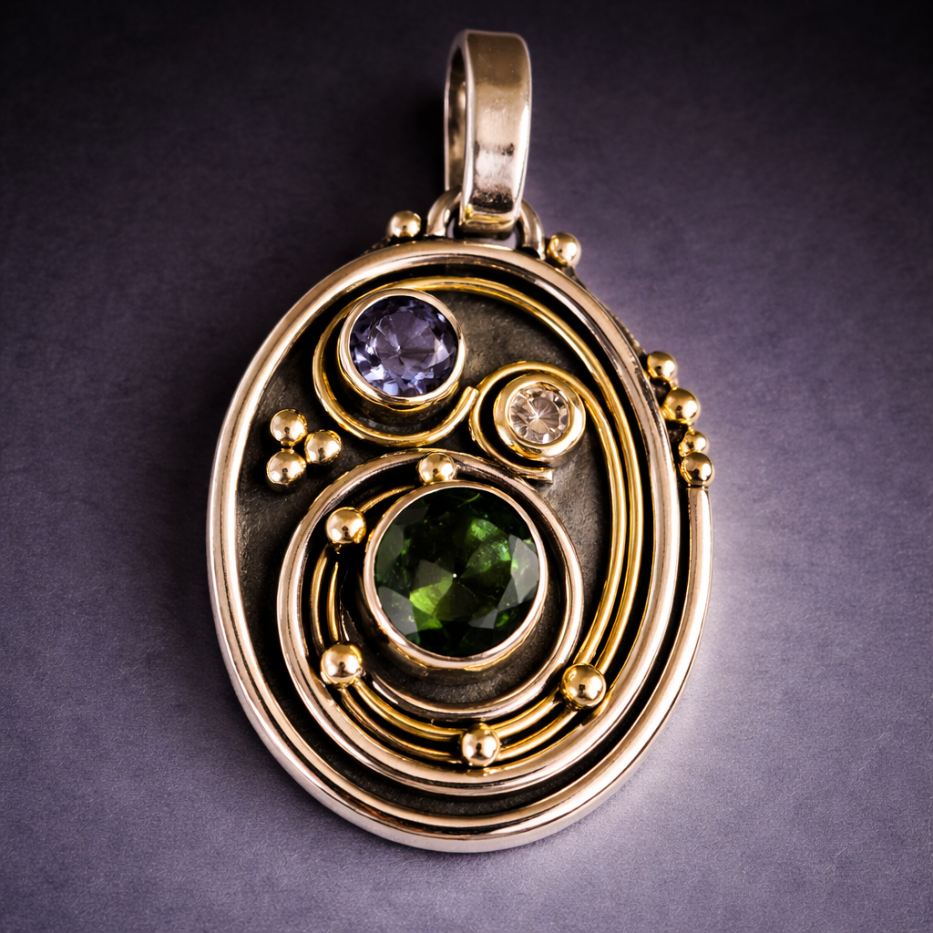 Oval Mixed Metal Pendant - Green Tourmaline and Tanzanite