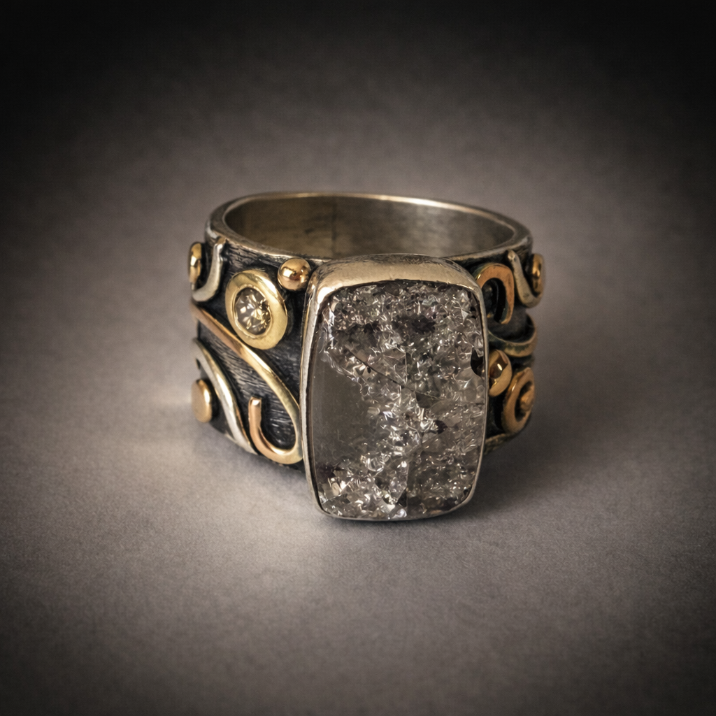 Wide Scroll Ring - Silver in Clear Quartz