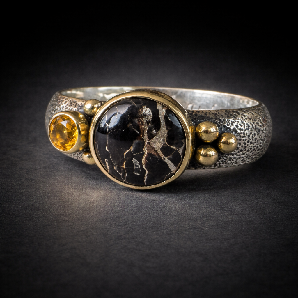 Silver in Black Quartz Mixed Metal Ring