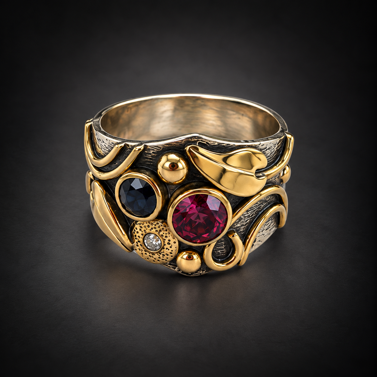 Pink tourmaline and balck diamond leaf and vine ring.png