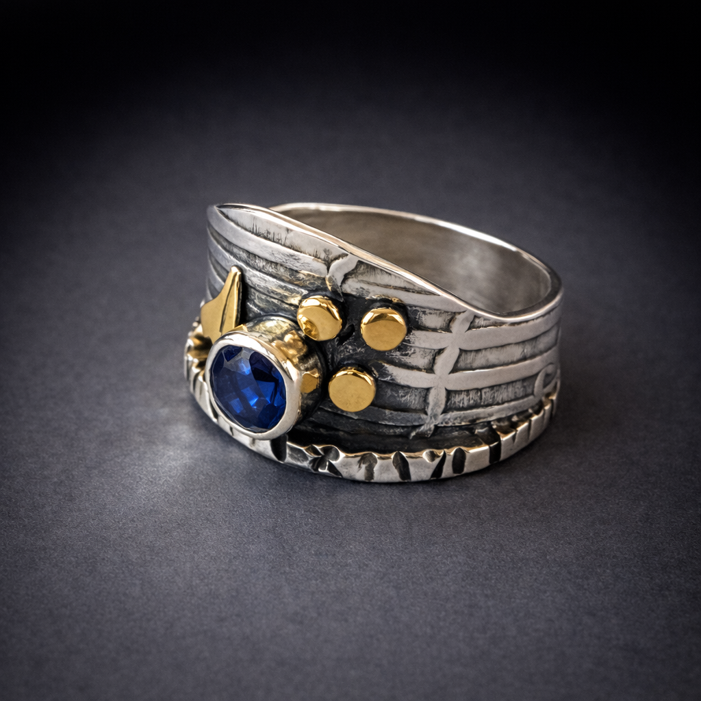 Mixed Metal Patterned Curved Ring - Tanzanite Square