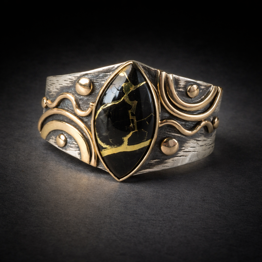 Black Quartz and Gold Marquis Ring