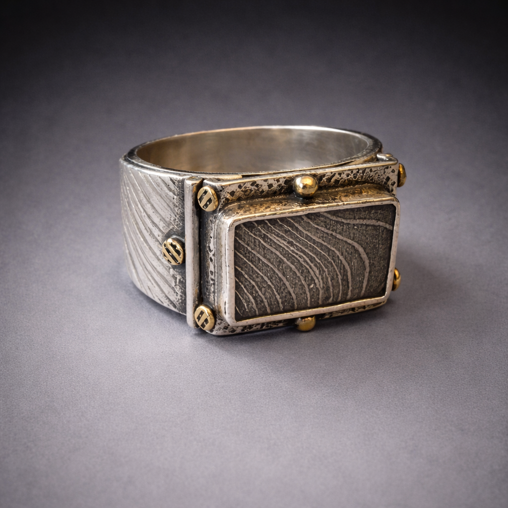 Gibeon Meteorite and Damascus Steel Solid Patterned Band