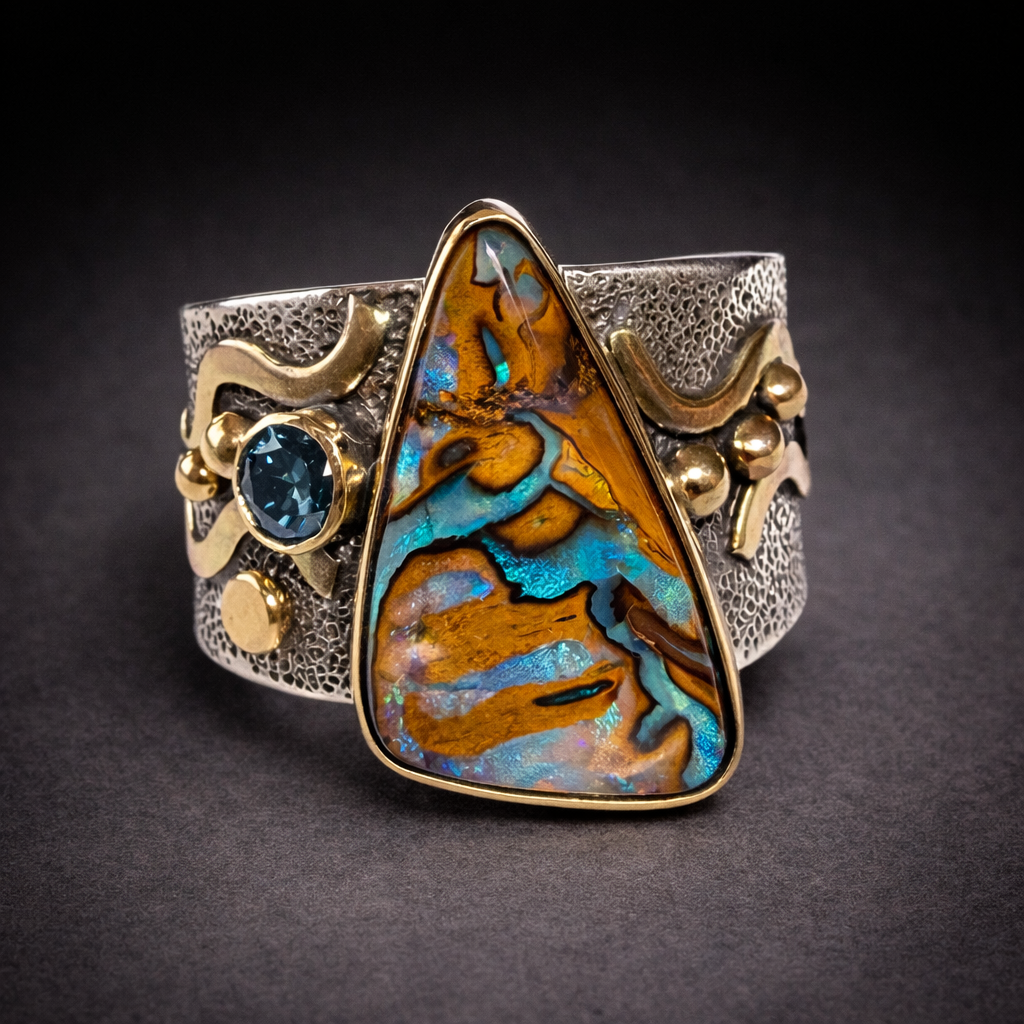 Boulder opal and blue diamond mixed metal ring