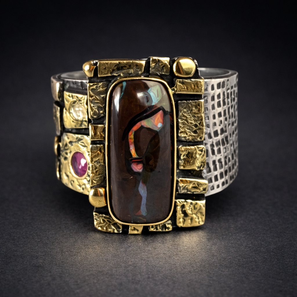 Australian boulder opal and textured gold ring