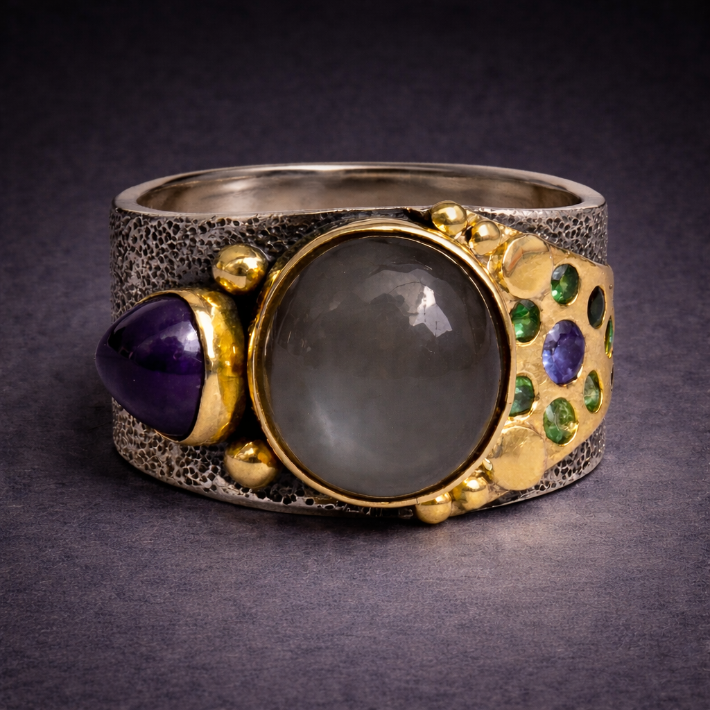 Moonstone and amethyst ring