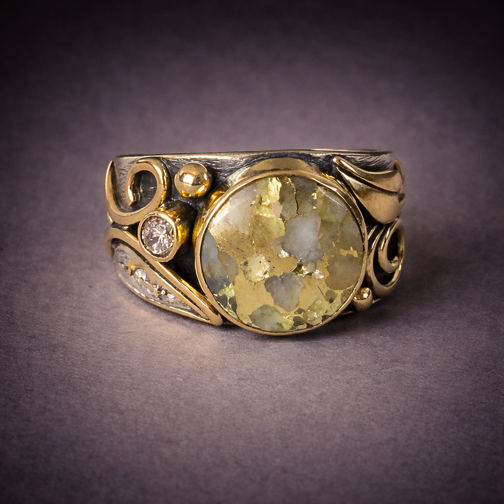 Leaf and Vine Ring - Gold in White Quartz