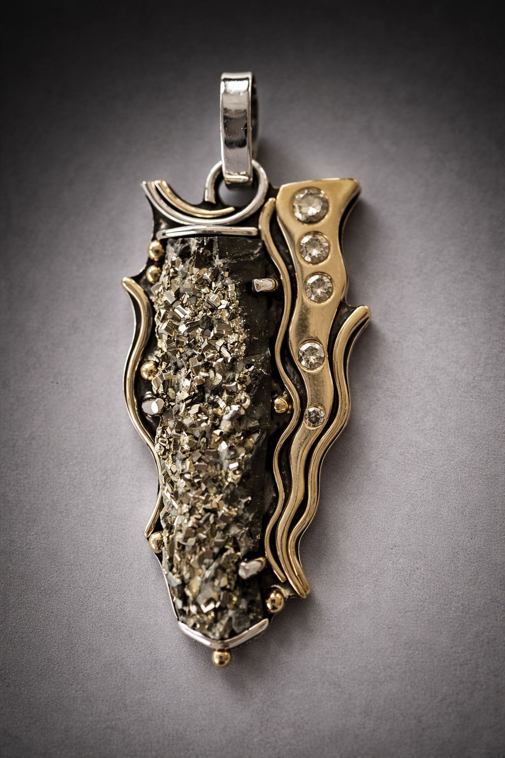 Slate and Pyrite Pendant with Diamonds