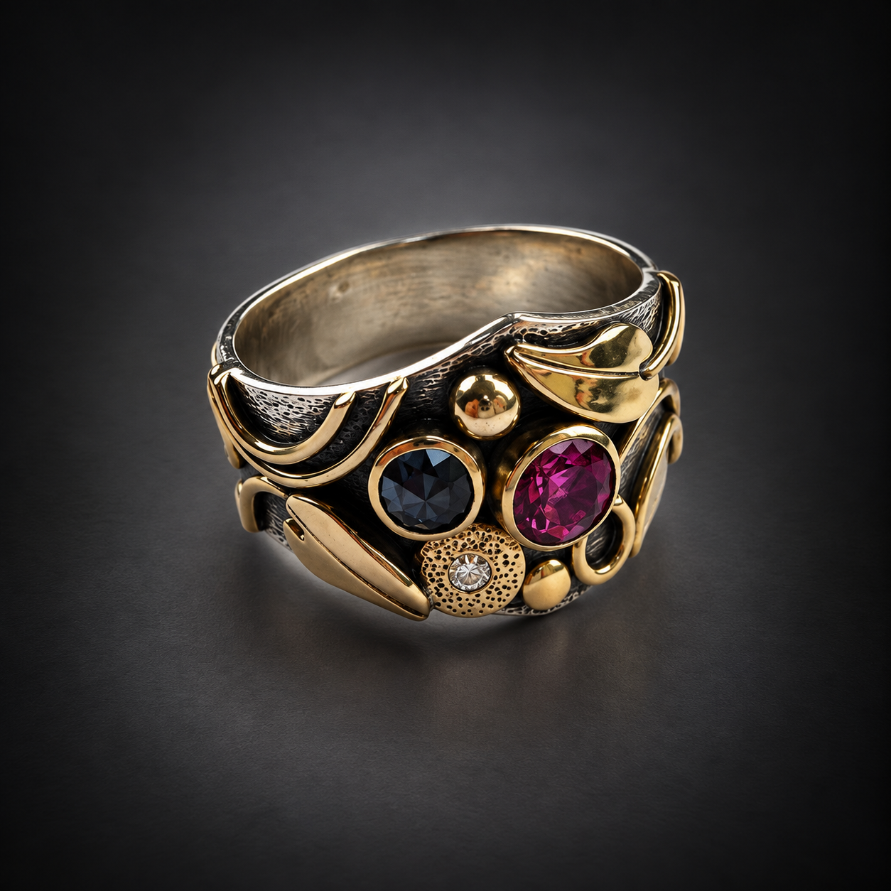 Pink tourmaline and balck diamond leaf and vine ring side view.png