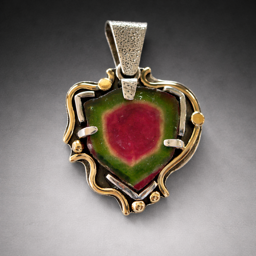 Watermelon Tourmaline mixed metal pendant