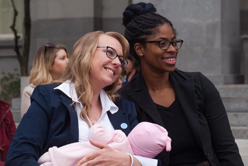 Jessica Porten, Sacramento mother whose story went viral on Facebook and Jessica Walker, mother on the California Maternal Mental Health task force who was featured in the California Report podcast coverage of the rally.