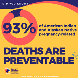  Did you know?  93% of American Indian and Alaskan Native pregnancy-related deaths are preventable.  Policy Center for Maternal Mental Health  Learn more: PolicyCenterMMH.org 