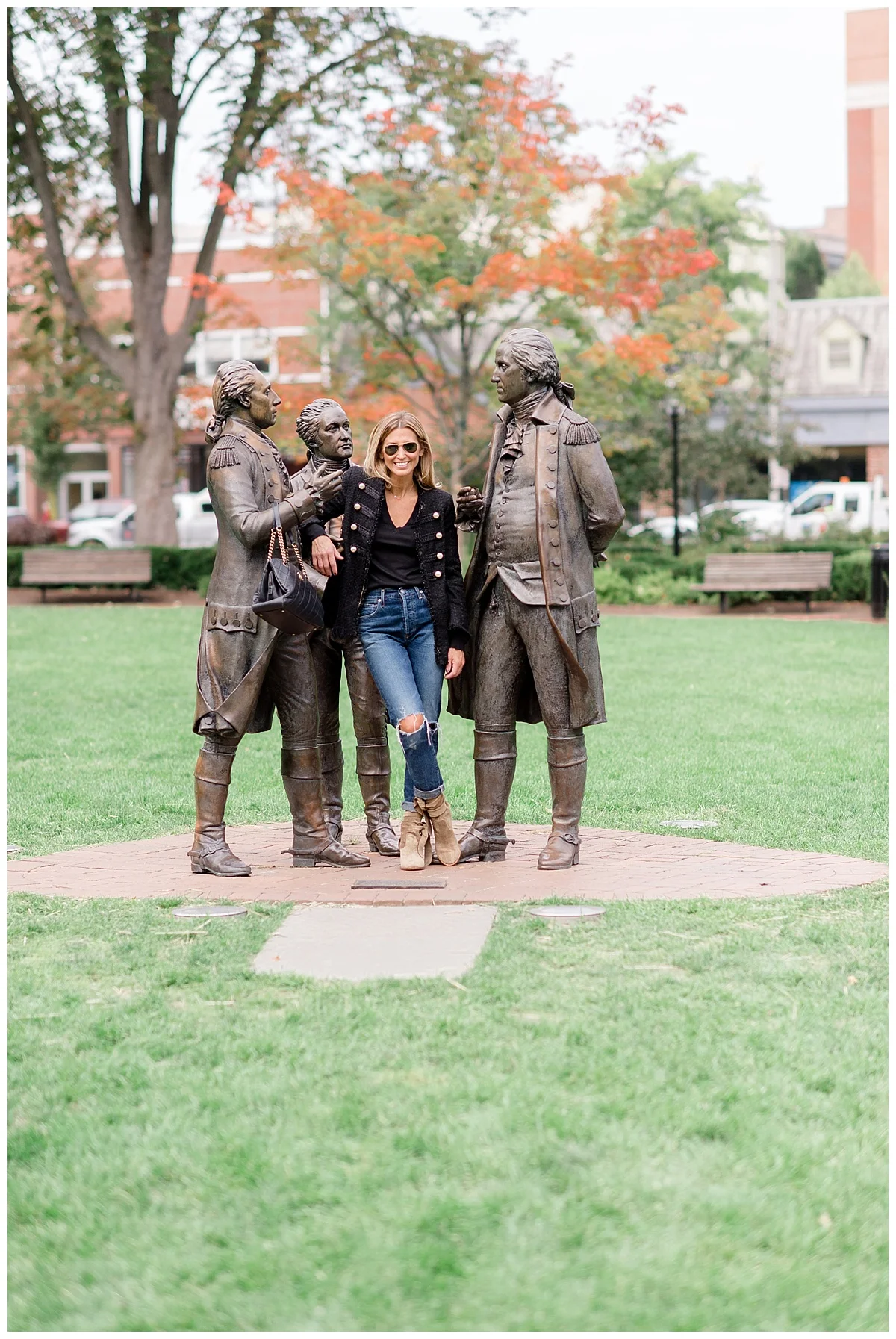 So, this jacket from Zara makes me feel like a cross between Michael Jackson and George Washington! The detail is amazing and it is only $150. I thought it was a appropriate to take my pic with these guys - George Washington, Marquis de Lafayette, and Alexander Hamilton on the green in Morristown. They didn't even mind holding my handbag! To keep this look casual, I grabbed a light weight knit from Zara to go under the jacket, my favorite Citizens of Humanity jeans and the MUST-HAVE booties for Fall. 