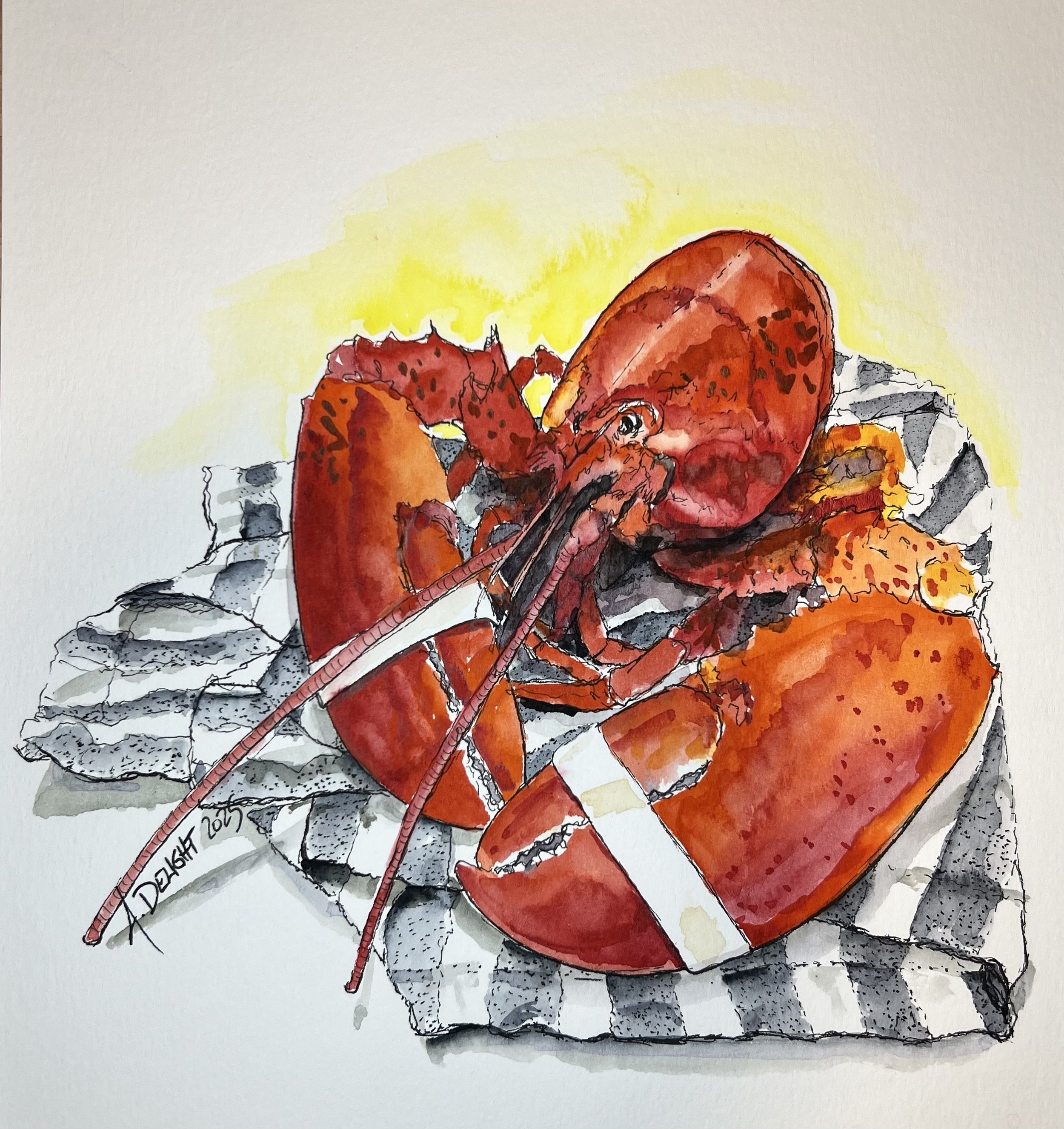 The Lobster series by Maine Artist, Amanda Delight. Done in watercolor and named after men