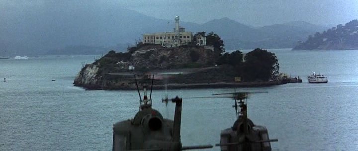 Screenshot of Alcatraz island and some helicopters from "The Rock."