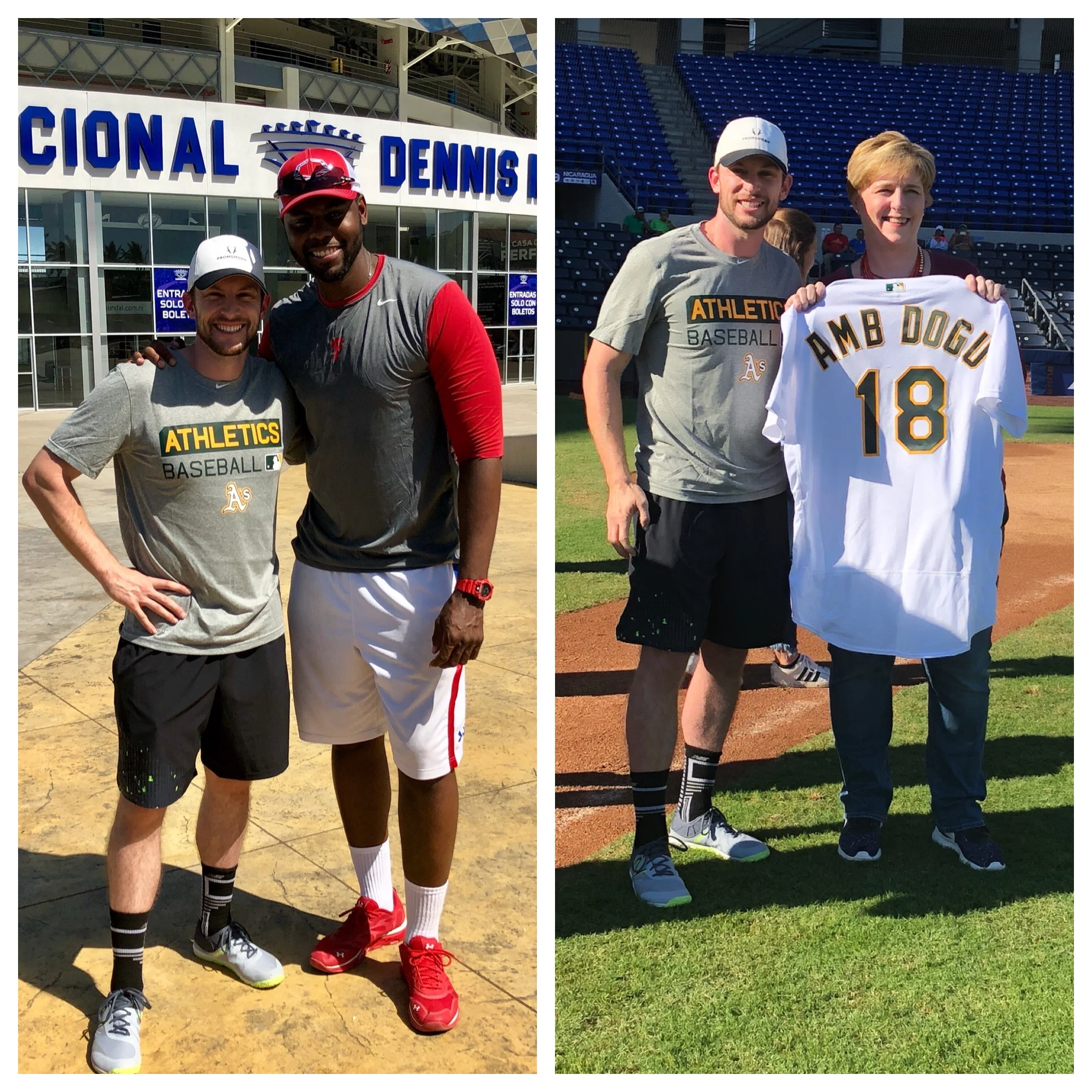 Lowrie and Mayberry Jr. pose in front of the new Estadio Nacional Dennis Martinez in Managua; Lowrie gifts Ambassador Dogu an Oakland A's jersey. Photos by Milessa Lowrie.