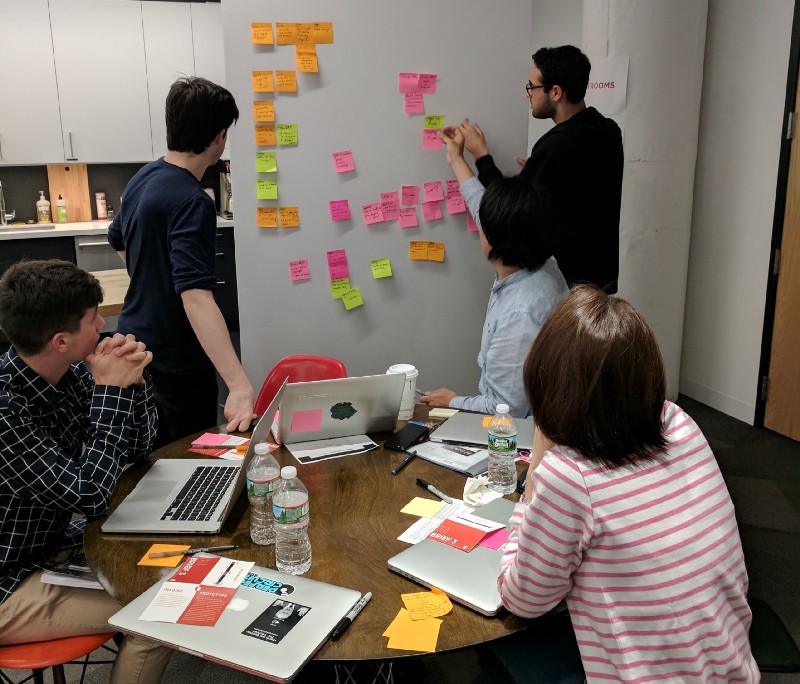 Team Blue brainstorming during the kickoff.