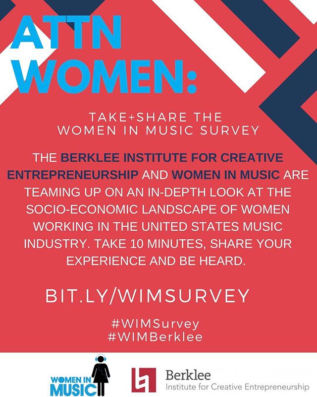 Are you a woman working in the music biz? Take this survey from @berkleecollege and @womeninmusic in the link in our bio to add your voice and be heard. 
#WIMSurvey #WIMBerklee #womeninmusic