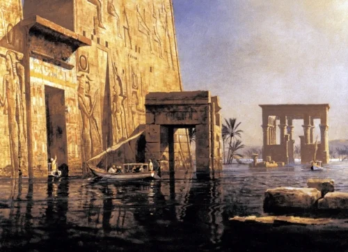 While in Egypt, Pauline would take her guests to explore the flooded temples along the Nile, as in this painting