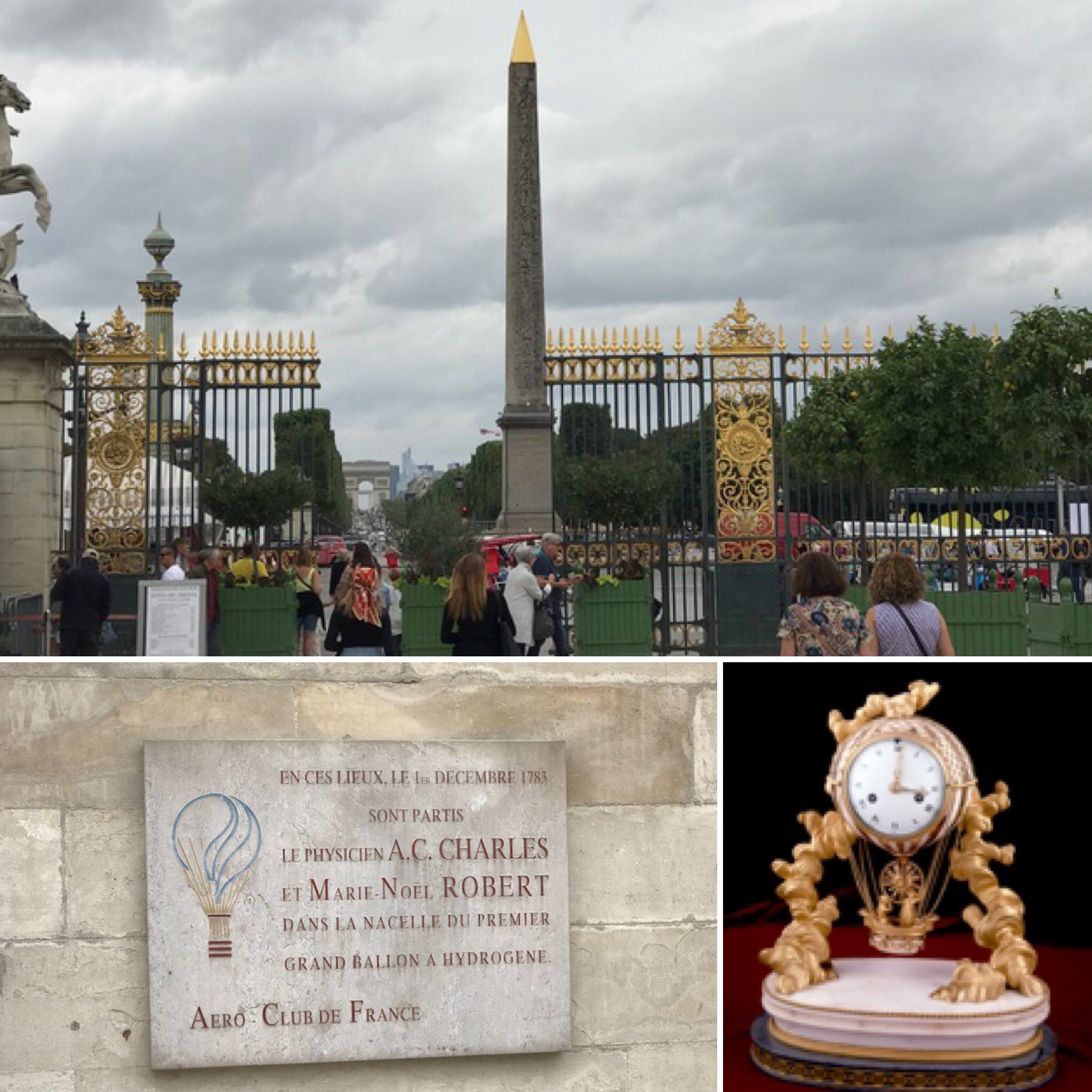 Plaque in Paris commemorating the first hot air ballon on left, and clock commemorating the same thing at Clermont