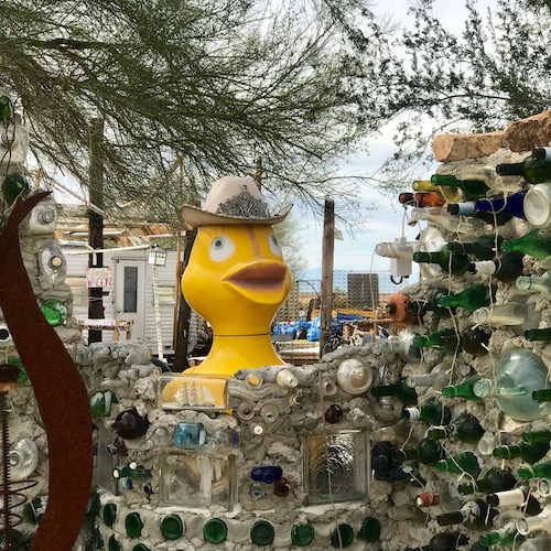 A plastic duck peers over Bottle Wall by Frank Redford