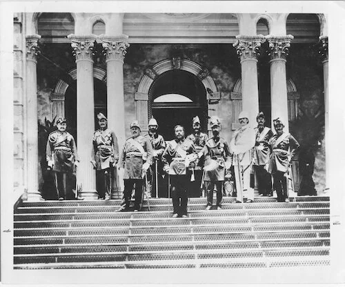 King Kalākaua on the steps of the Iolani Palace in Hawaii