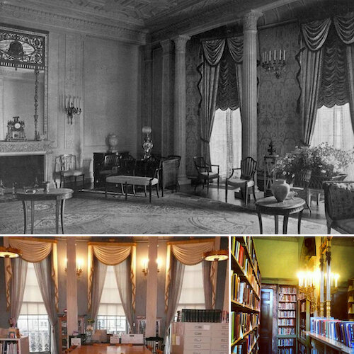 The drawing room before (top), and in its present role as a library