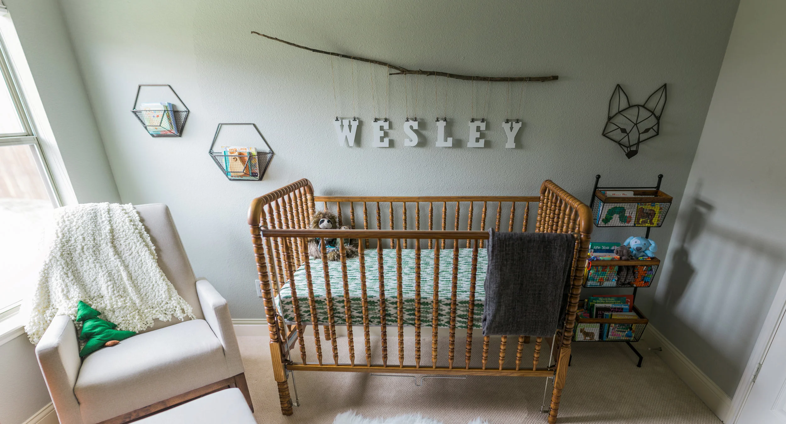 Another little DIY project I enjoyed was his name hanging on the branch. I did this almost immediately after moving and, being the naive Oregonian I am, had NO idea how hard it would be to find a branch in Texas! We live RIGHT next to a lake but the tree branches are so flimsy! Jack and I spent several hours finding thing one. Then the actual craft was a bit tricky as well (I got super obsessive about making sure the letters were straight and evenly spaced) but it was totally worth it! 