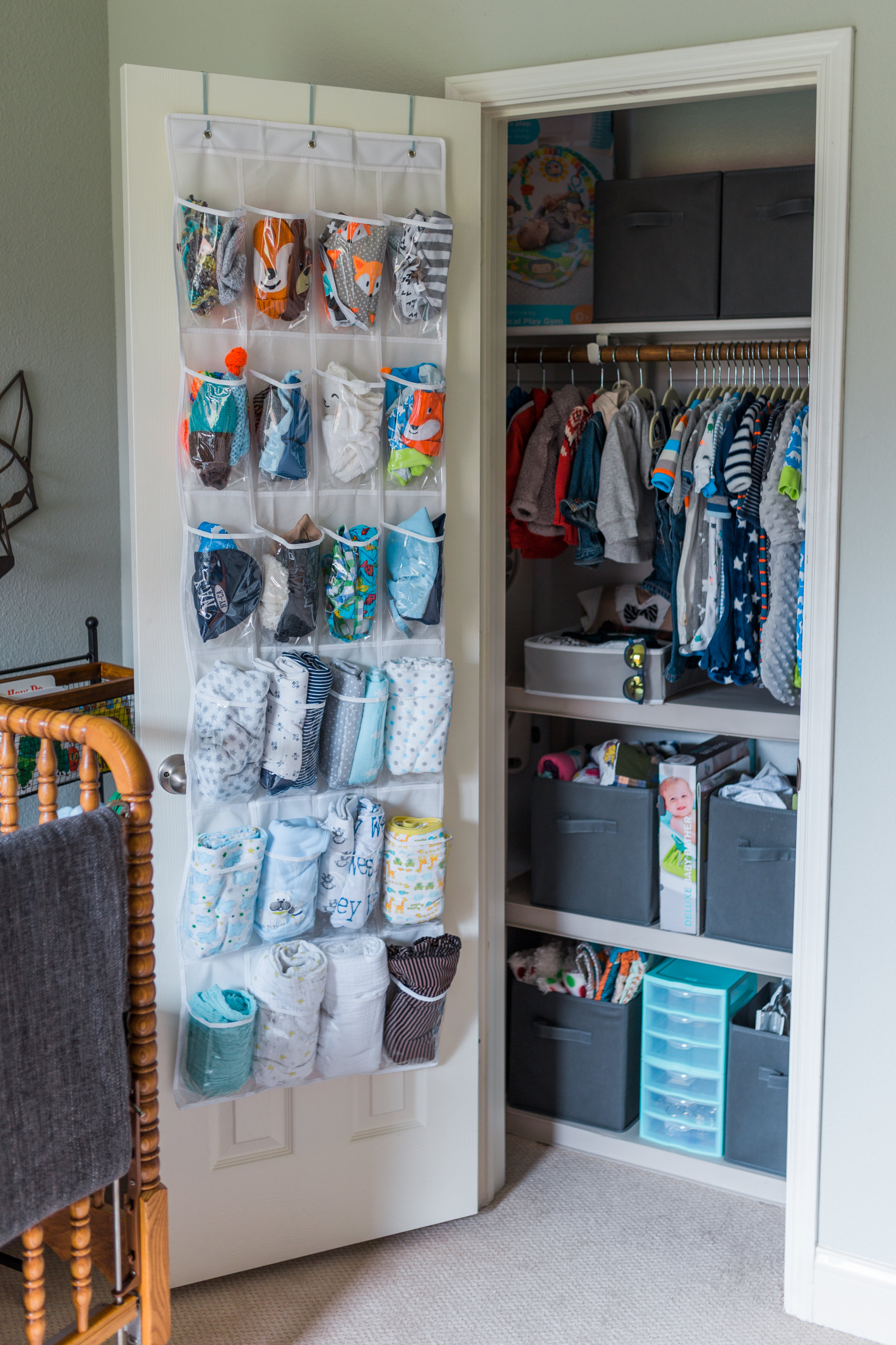The closets in this house are SMALL, so some creative organization was needed. That's a closet door shoe rack! Thanks Pinterest!