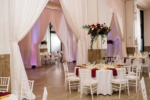Drawn curtains between The Ballroom's columns lend a regal yet comfortable feeling... almost like one is in the throne room of a king and queen! Photograph courtesy of Trevor Holden Photography. 
#providence #rhodeisland #ballroom #weddings #speciale