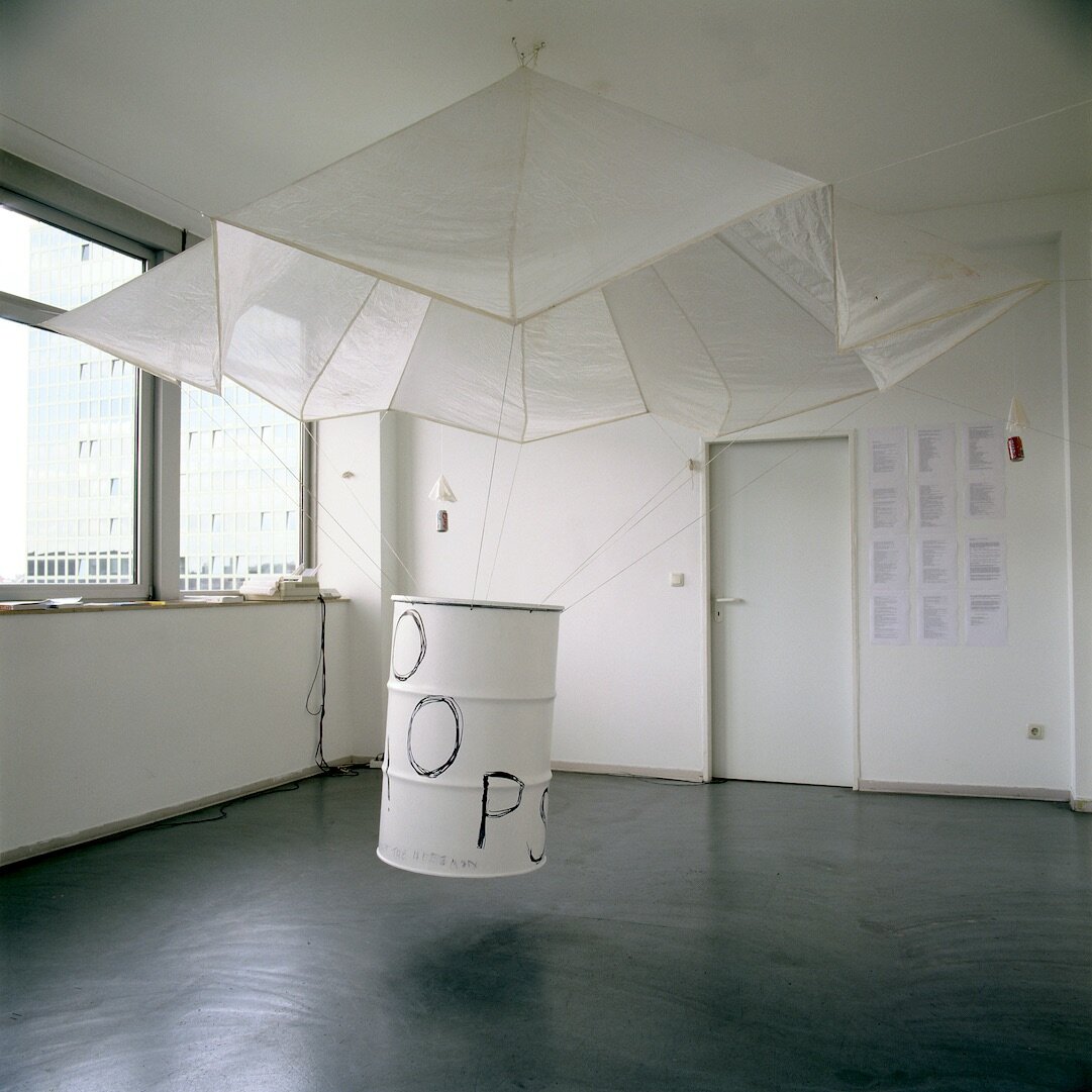   Installation view of OOPS! (Nobody loves a hegemon) (1999) in “OOPS! OOPS! Or Nobody Loves a Hegemon” at Galerie Christian Nagel, Cologne, 1999.  