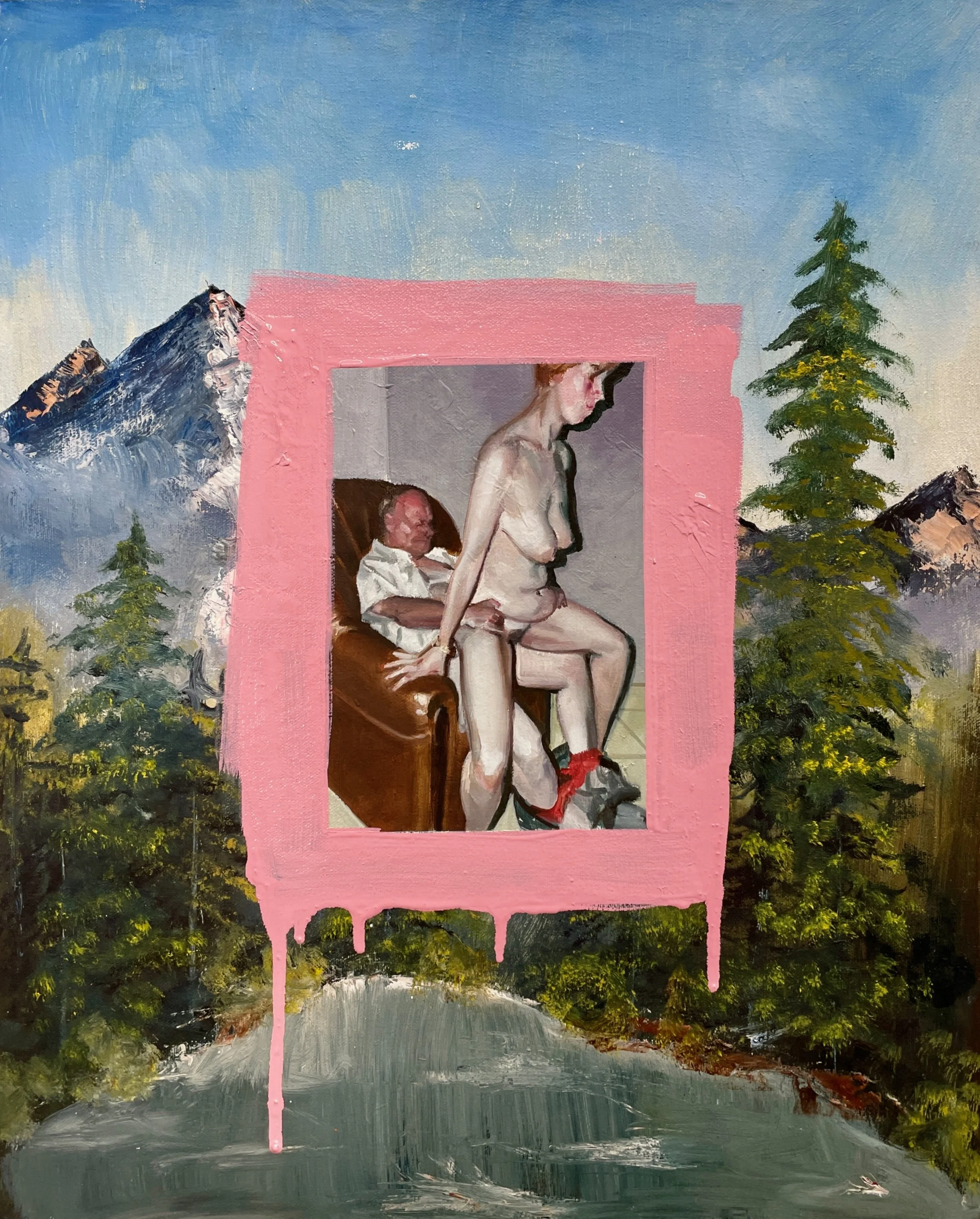   Family Room , 2025  Oil on  found canvas  18×22 inches  $750 