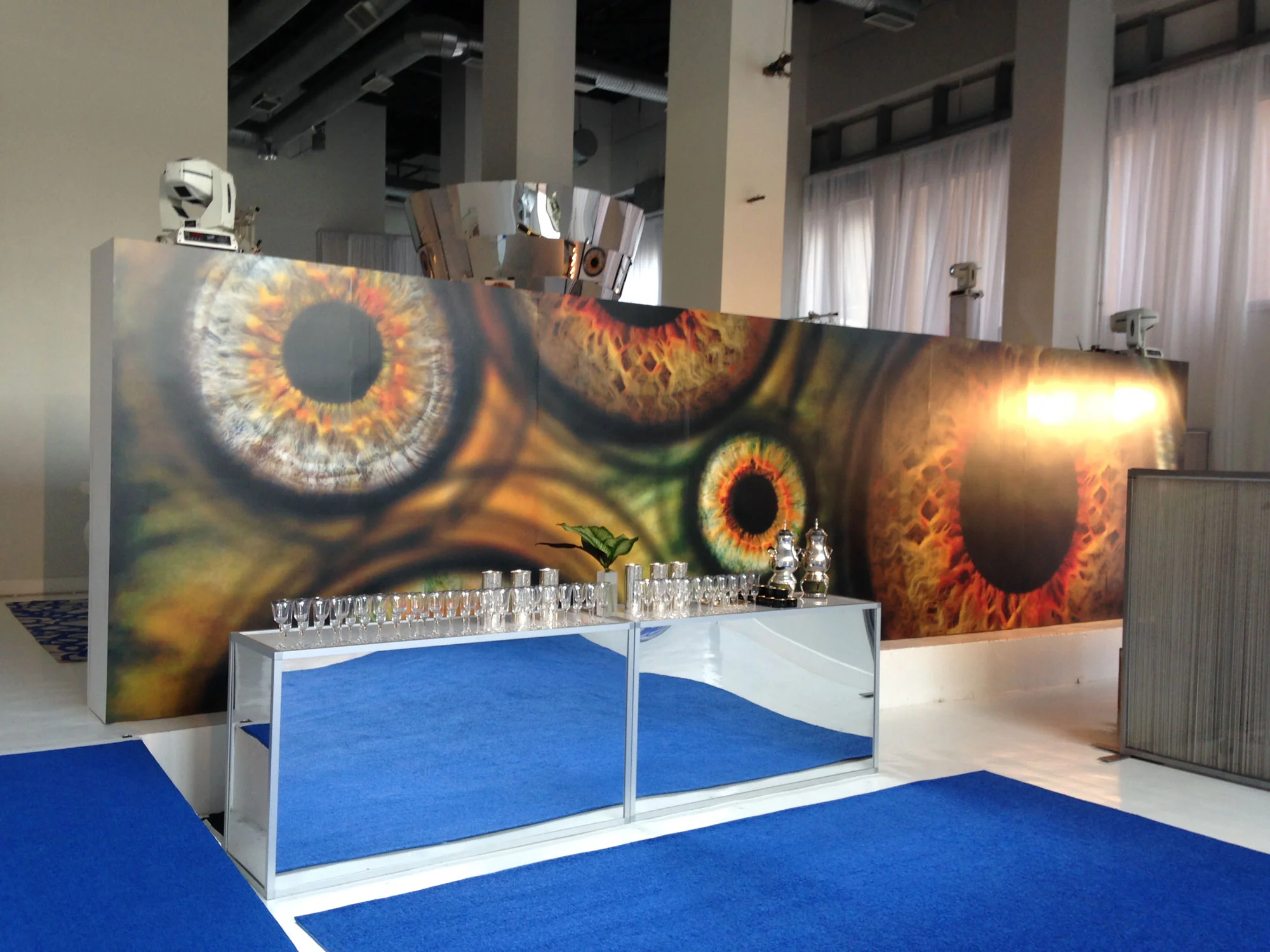8’Tall x 32’Wide custom constructed wall to divide venue space with vinyl adhesive digital print of custom graphic.