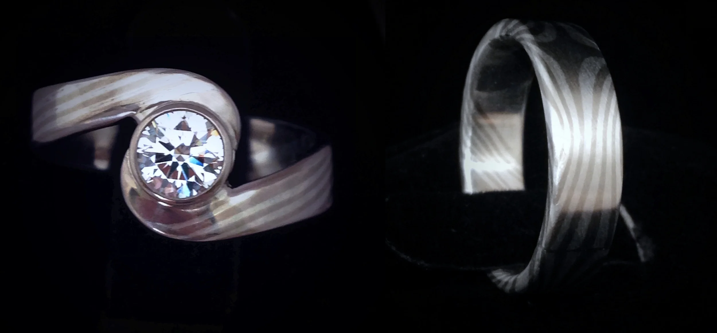Wedding set featuring palladium white gold and silver mokume.