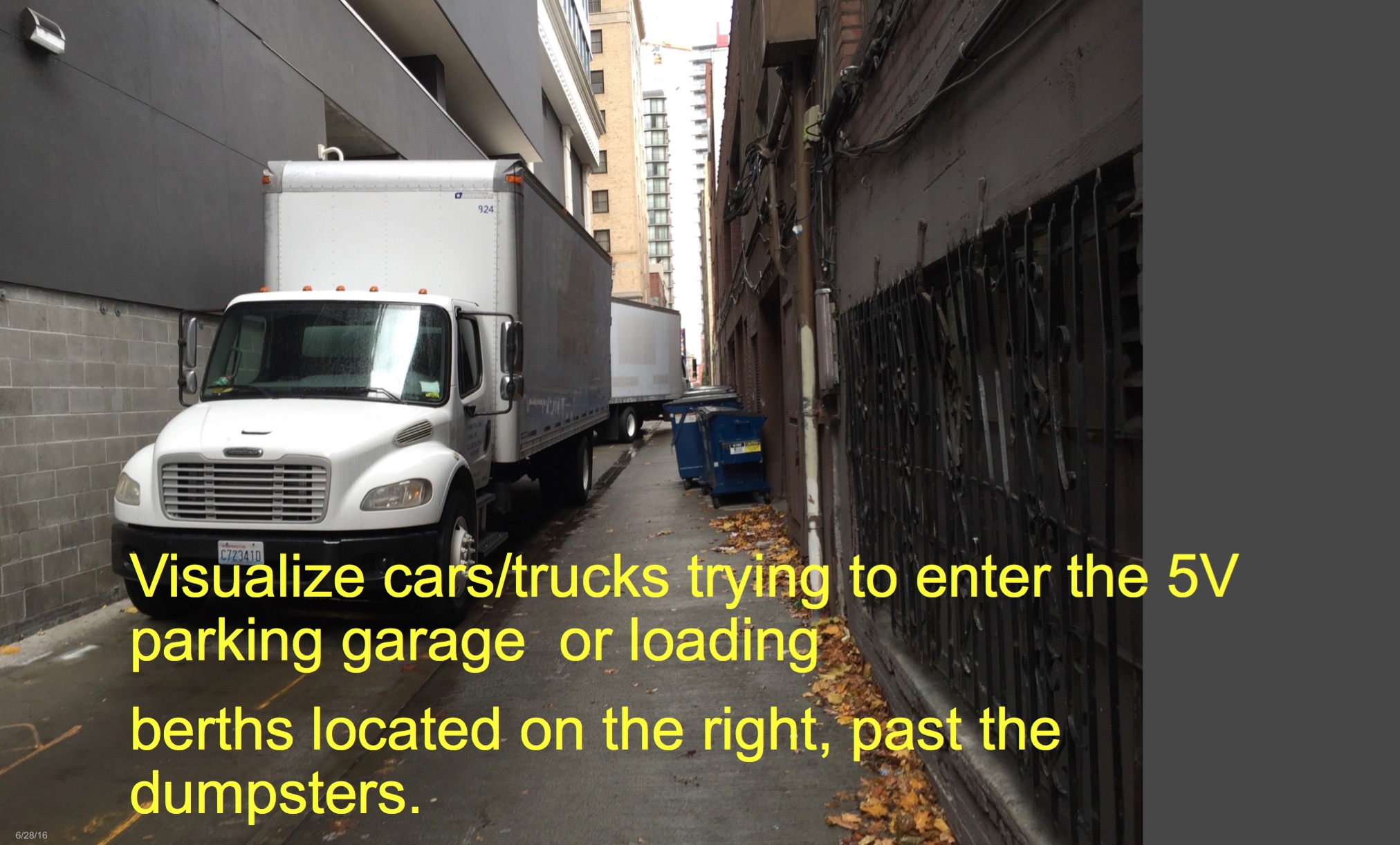 Again, this is today. Now add 1031 new residential units, 400 parking spaces, daily delivery and services for two hotels and restaurants, plus move-ins, move-outs, maintenance, and servicing...and someone actually expects us to believe this can all be solved with "alley management".