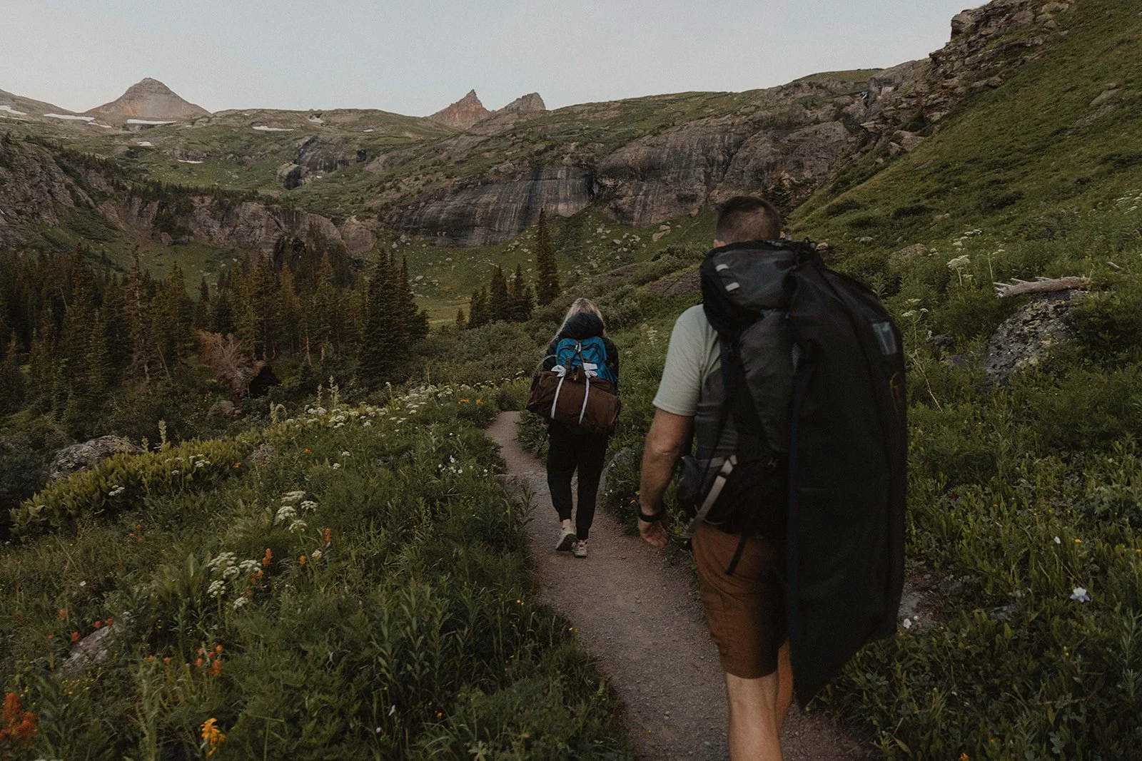 Two hikers walking on a narrow trail through lush greenery and wildflowers in a mountainous landscape with rocky peaks and dense forests.